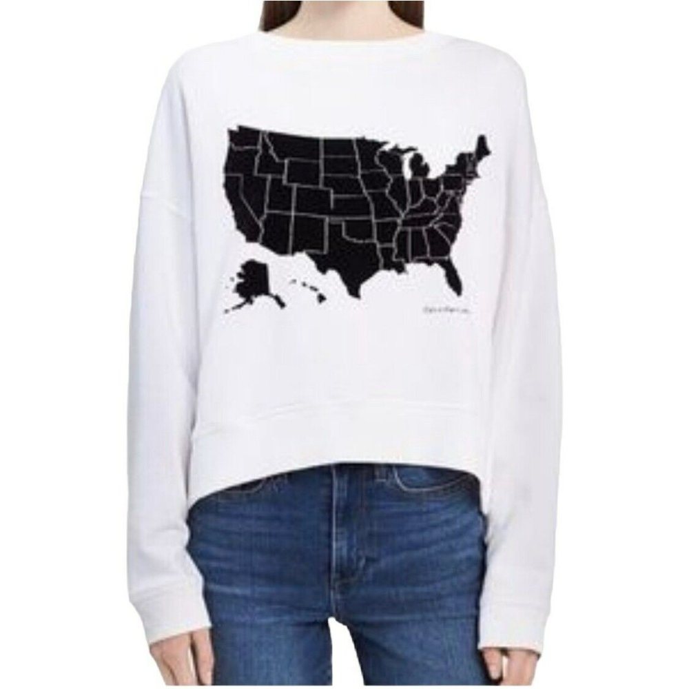 NEW White Calvin Klein Graphic Sweatshirt XL USA Travel Map Black Velvet Cropped
